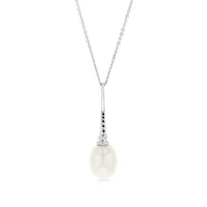 Sterling Silver Rhodium Plated 9-9.5mm Oval Fresh Water Pearl Pendant On Chain Shiels