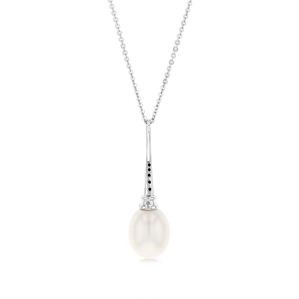 Sterling Silver Rhodium Plated 9-9.5mm Oval Fresh Water Pearl Pendant On Chain Shiels