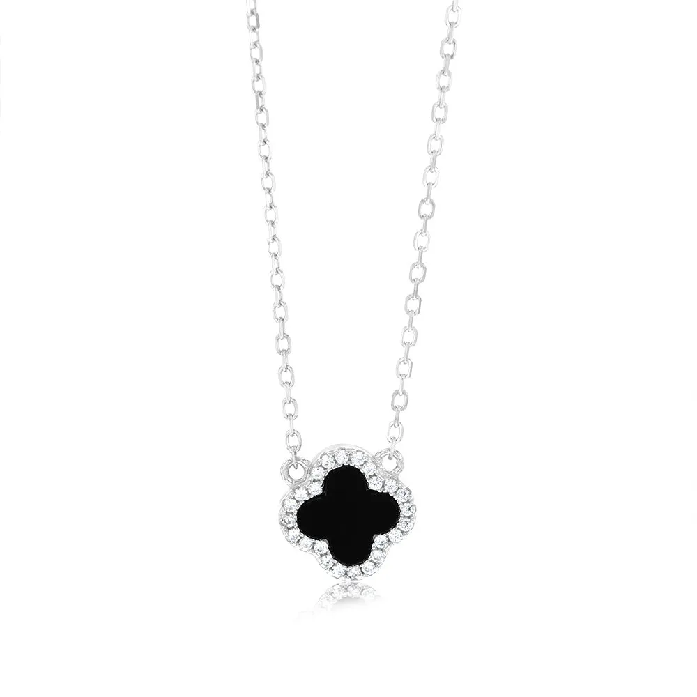 Sterling Silver Rhodium Plated Clover Black Agate And White CZ Pendant On 40-45cm Chain Shiels