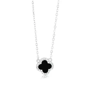Sterling Silver Rhodium Plated Clover Black Agate And White CZ Pendant On 40-45cm Chain Shiels