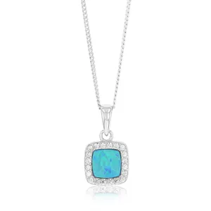 Sterling Silver Rhodium Plated Cubic Zirconia Created Blue Opal Square Pendant Shiels