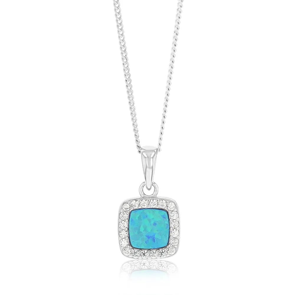Sterling Silver Rhodium Plated Cubic Zirconia Created Blue Opal Square Pendant Shiels