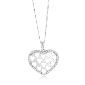 Sterling Silver Rhodium Plated Cubic Zirconia Patterned Heart Pendant Shiels