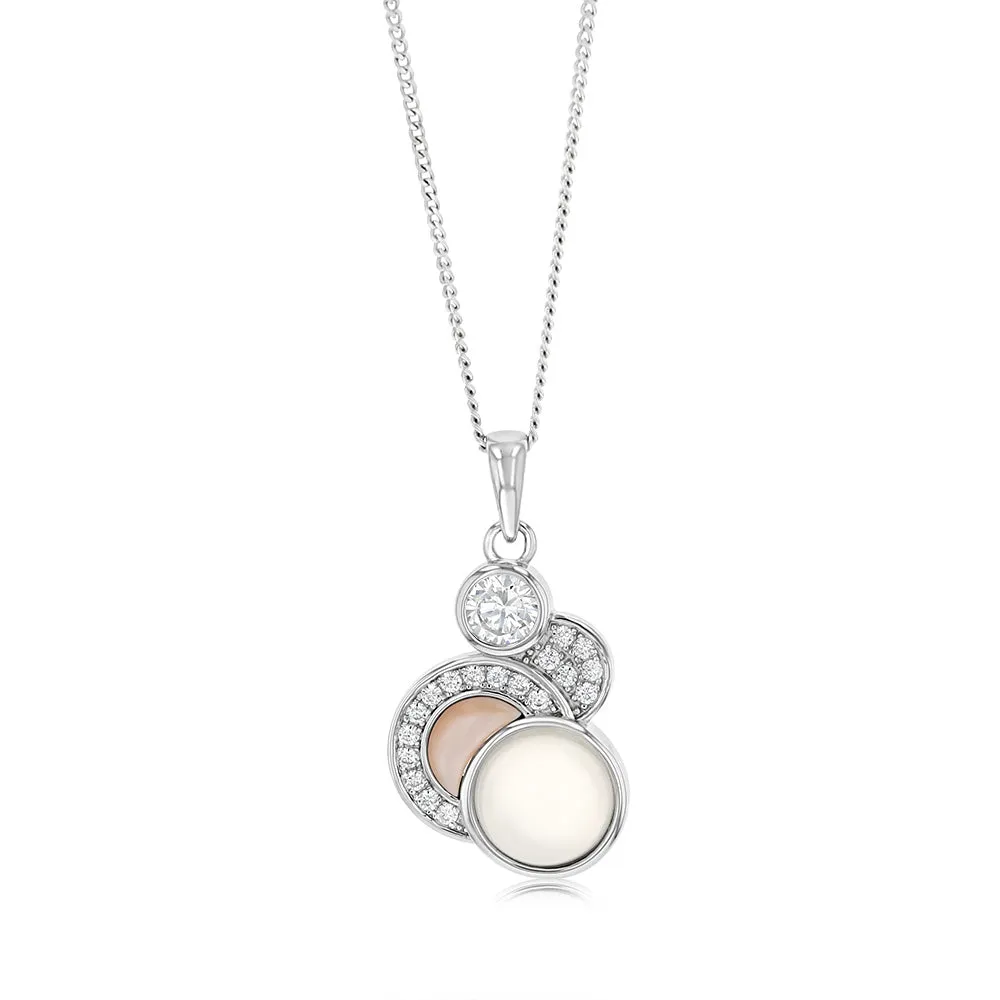 Sterling Silver Rhodium Plated Cubic Zirconia Pink Shell Pearl Moonstone Fancy Pendant Shiels