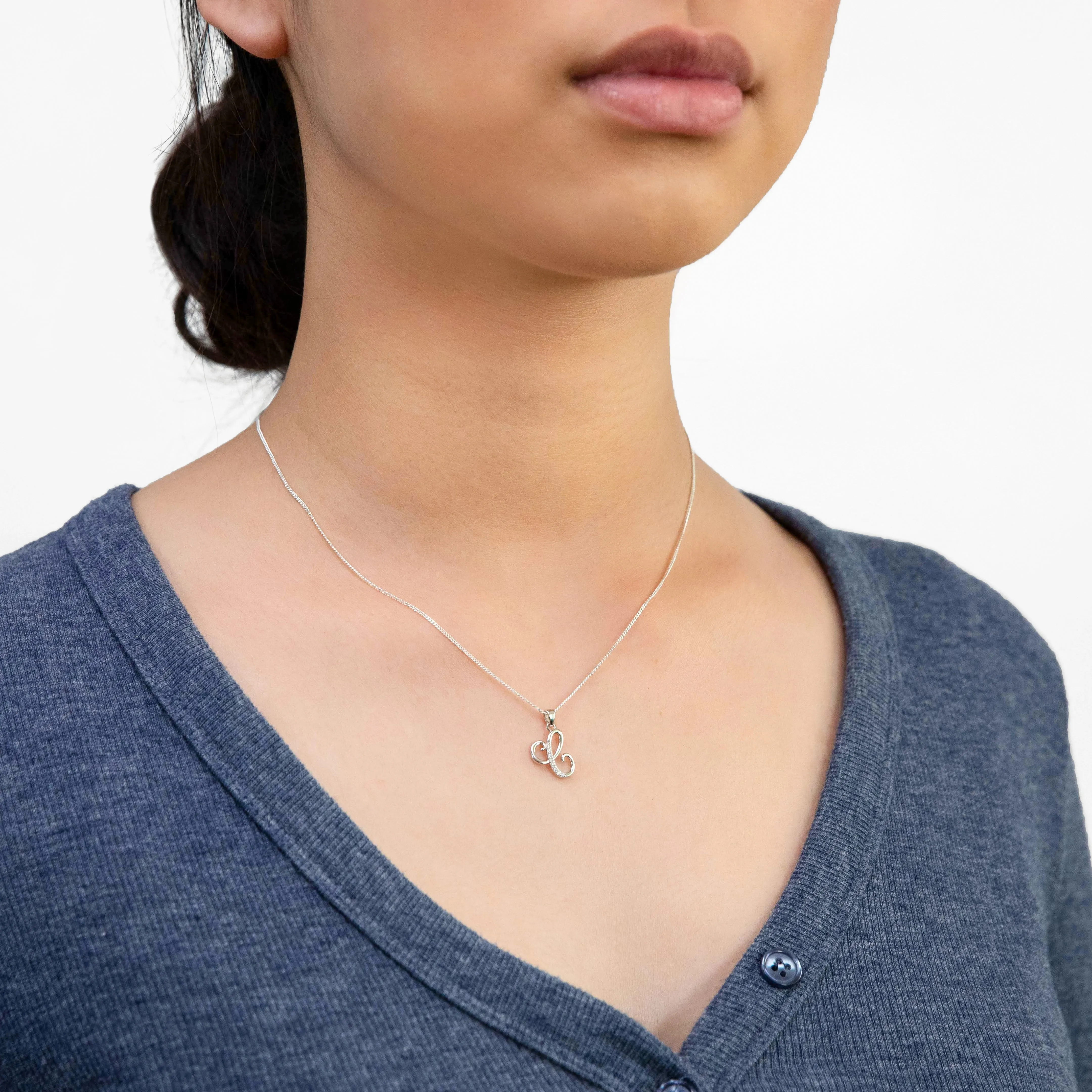 Sterling Silver Rhodium Plated Cubic Zirconia Script "C" Initial Pendant Shiels