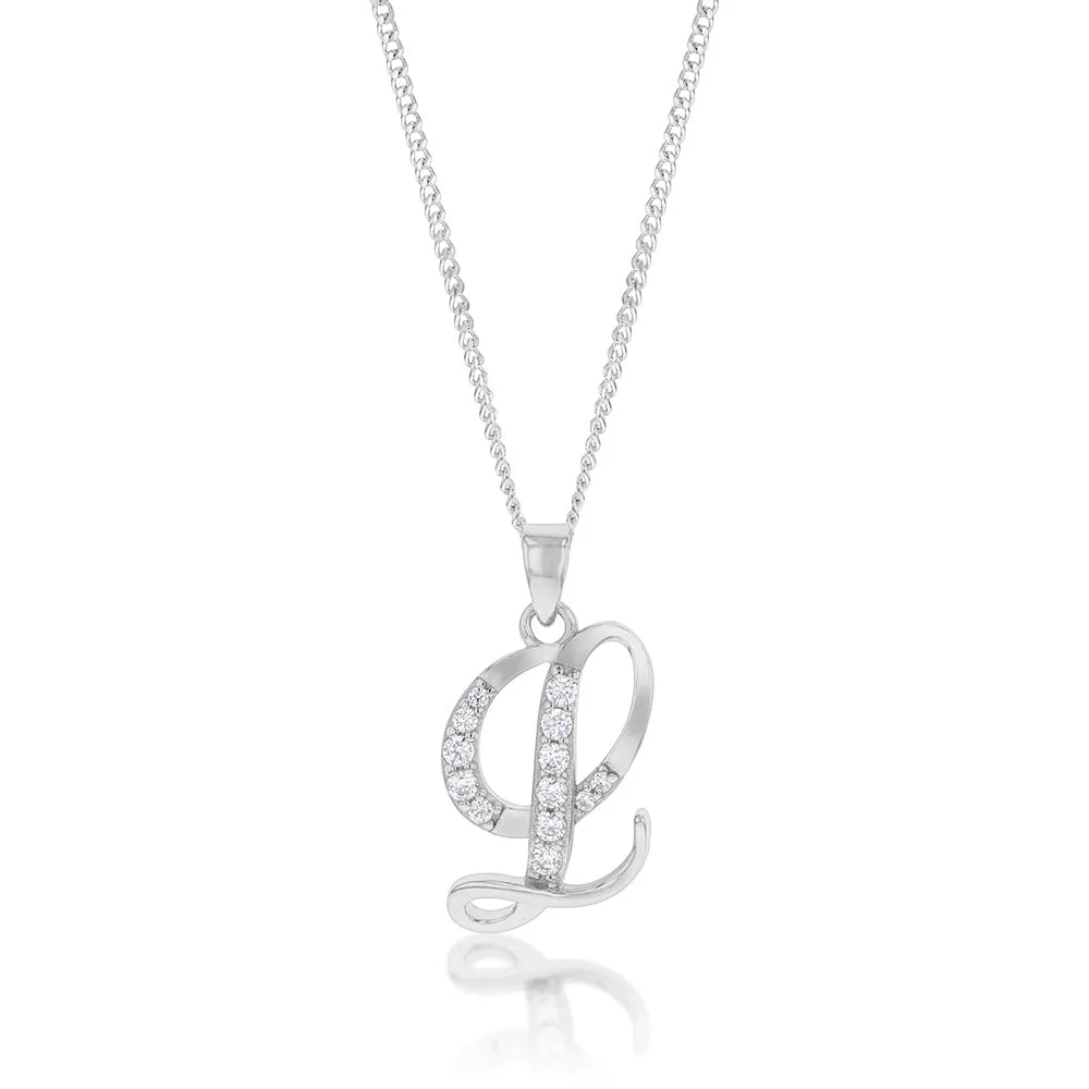 Sterling Silver Rhodium Plated Cubic Zirconia Script "L" Initial Pendant Shiels