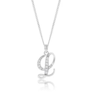 Sterling Silver Rhodium Plated Cubic Zirconia Script "L" Initial Pendant Shiels