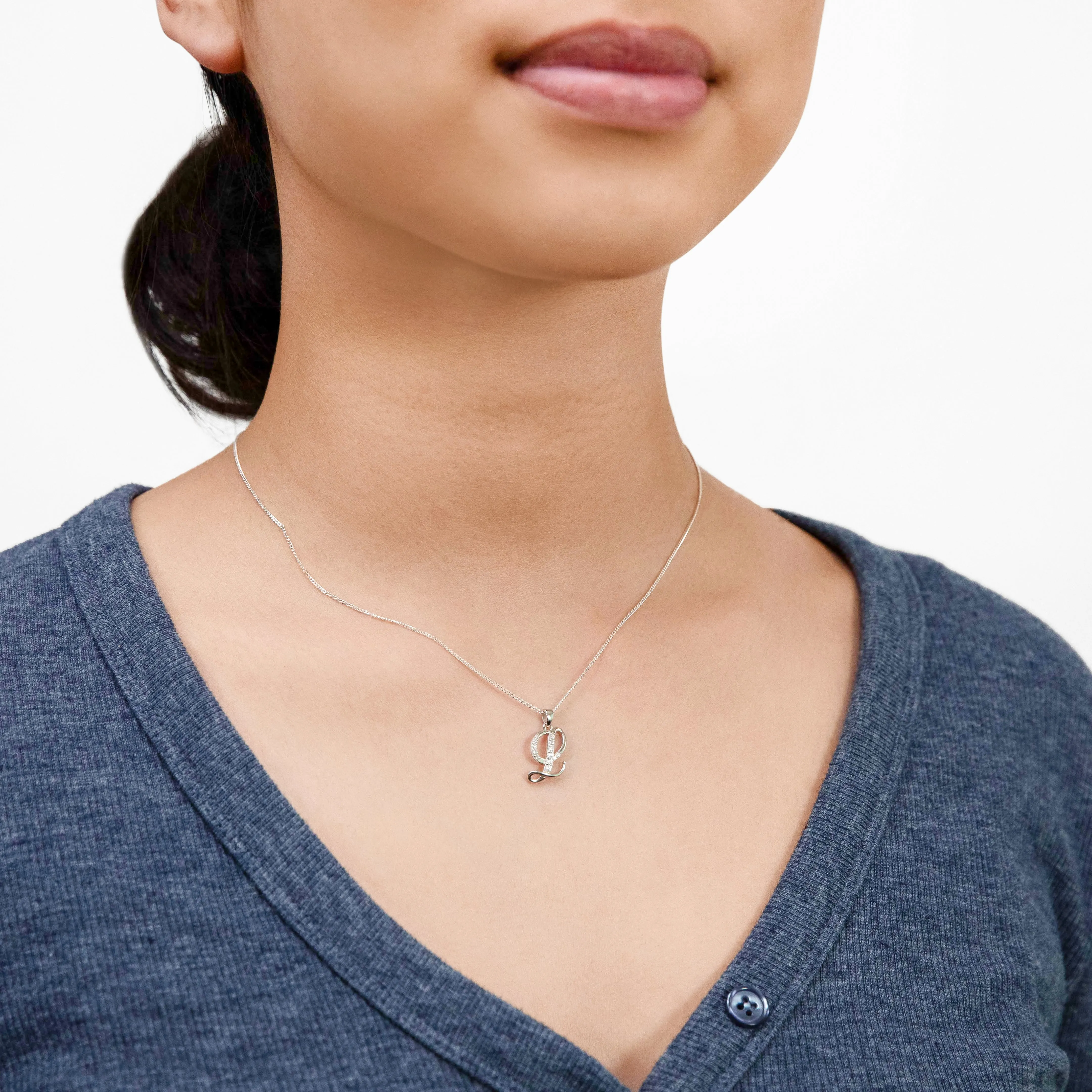 Sterling Silver Rhodium Plated Cubic Zirconia Script "L" Initial Pendant Shiels