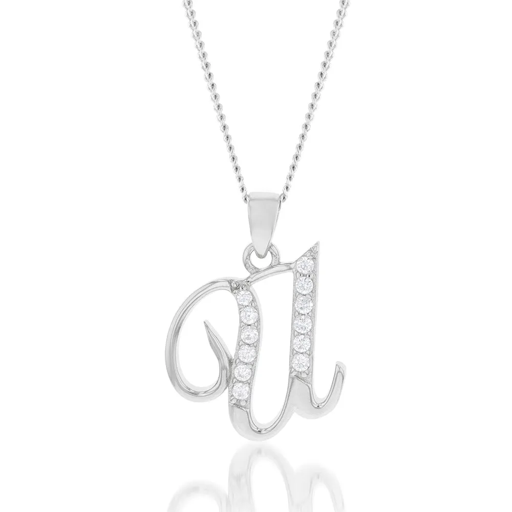 Sterling Silver Rhodium Plated Cubic Zirconia Script "U " Initial Pendant Shiels