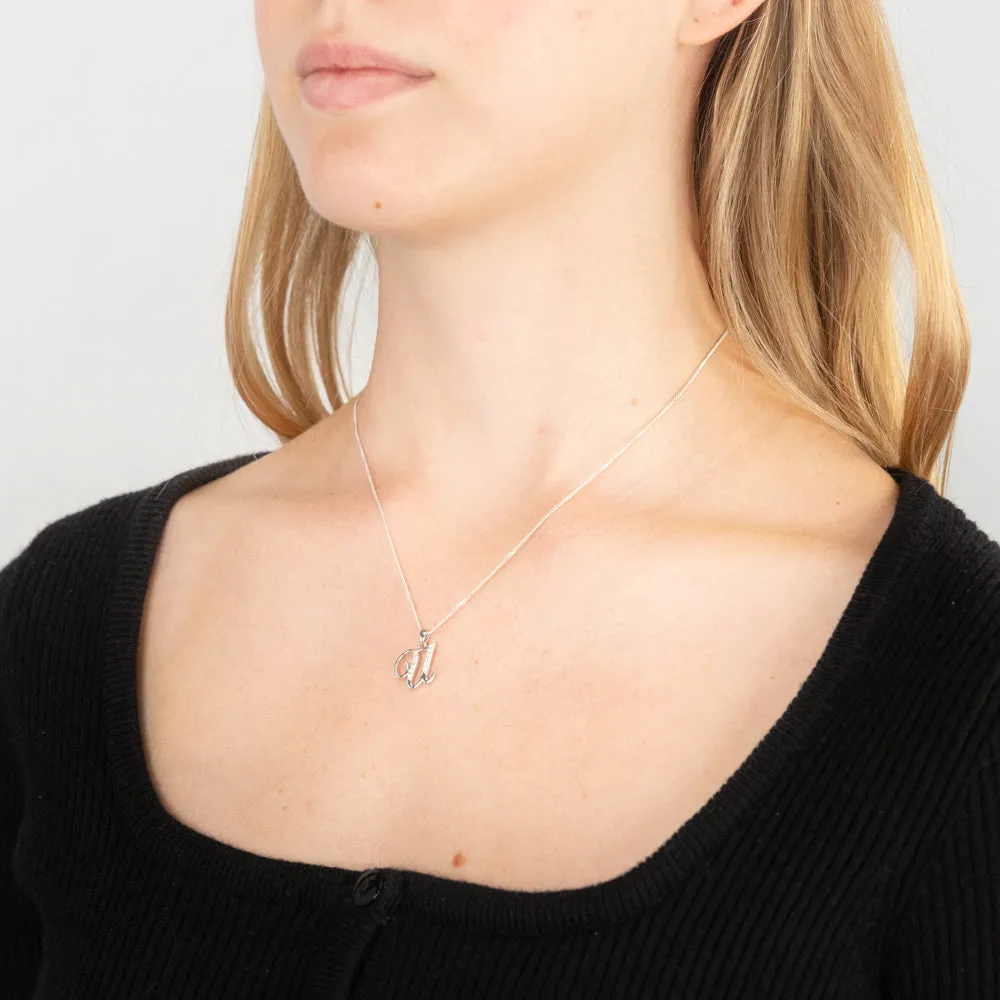 Sterling Silver Rhodium Plated Cubic Zirconia Script "U " Initial Pendant Shiels