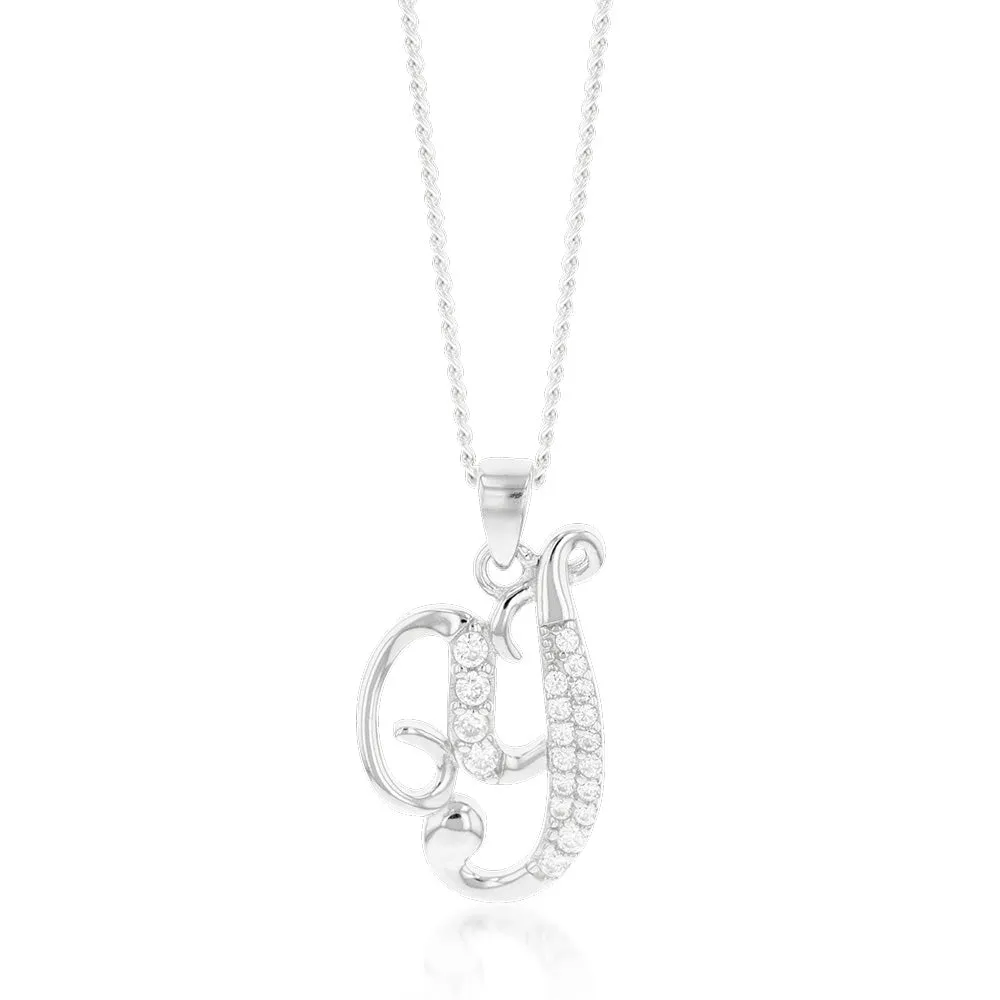 Sterling Silver Rhodium Plated Cubic Zirconia Script "Y " Initial Pendant Shiels
