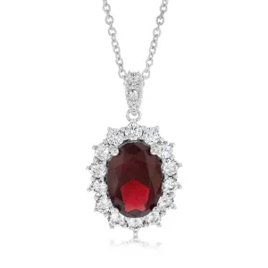 Sterling Silver Rhodium Plated Oval Red Stone Cubic Zirconia Pendant With 45cm Chain Shiels