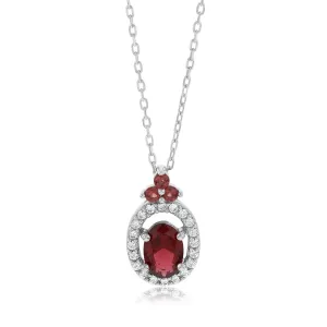 Sterling Silver Rhodium Plated Oval Red Stone White Cubic Zirconia With 45cm Chain Shiels