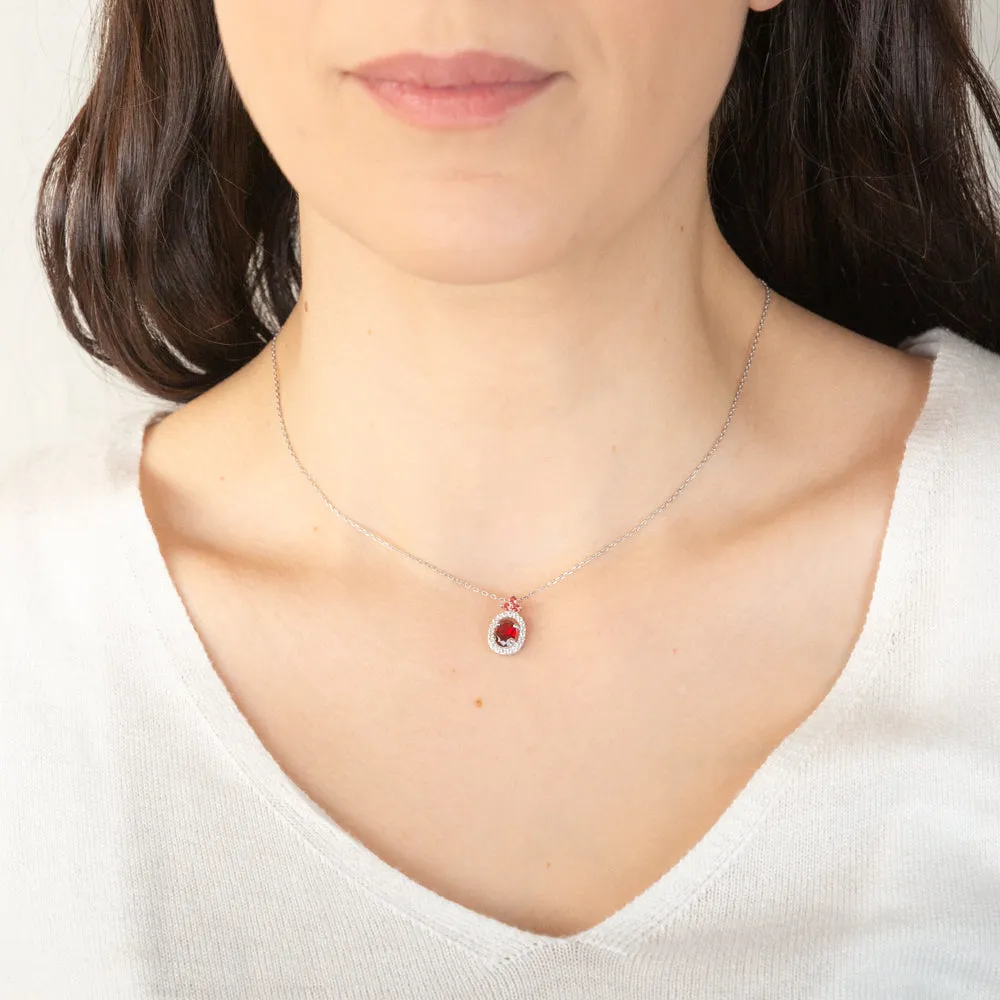 Sterling Silver Rhodium Plated Oval Red Stone White Cubic Zirconia With 45cm Chain Shiels