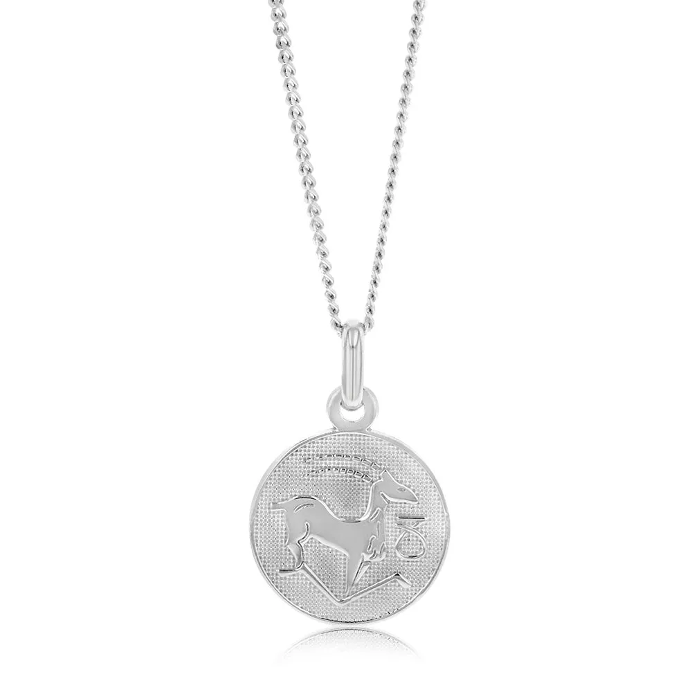 Sterling Silver Rhodium Plated Round Zodiac Capricorn Pendant Shiels