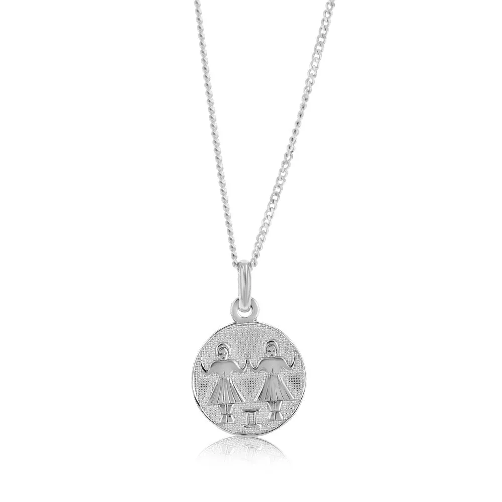 Sterling Silver Rhodium Plated Round Zodiac Gemini Pendant Shiels