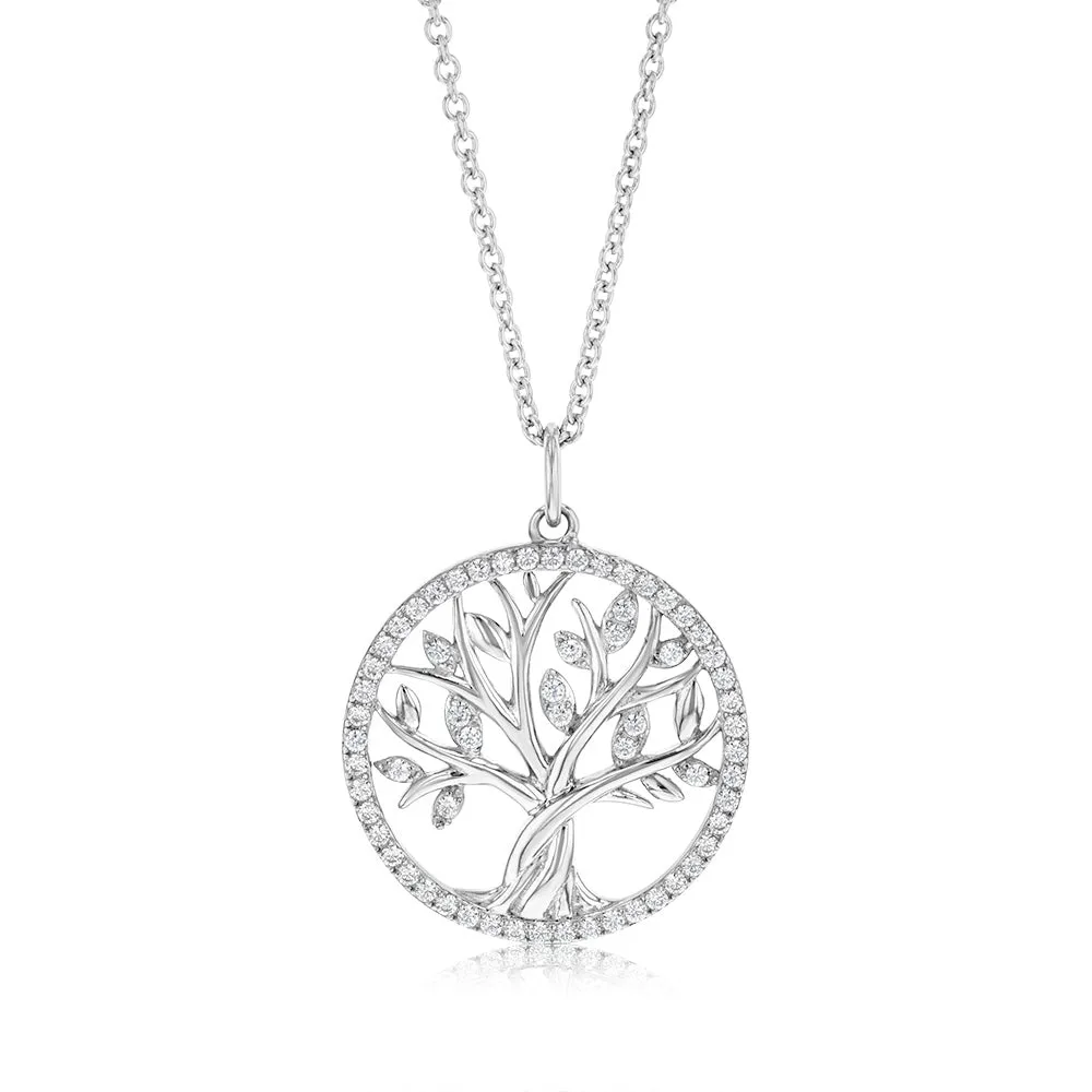 Sterling Silver Rhodium Plated Tree Of Life Cubic Zirconia Pendant With 45cm Chain Shiels