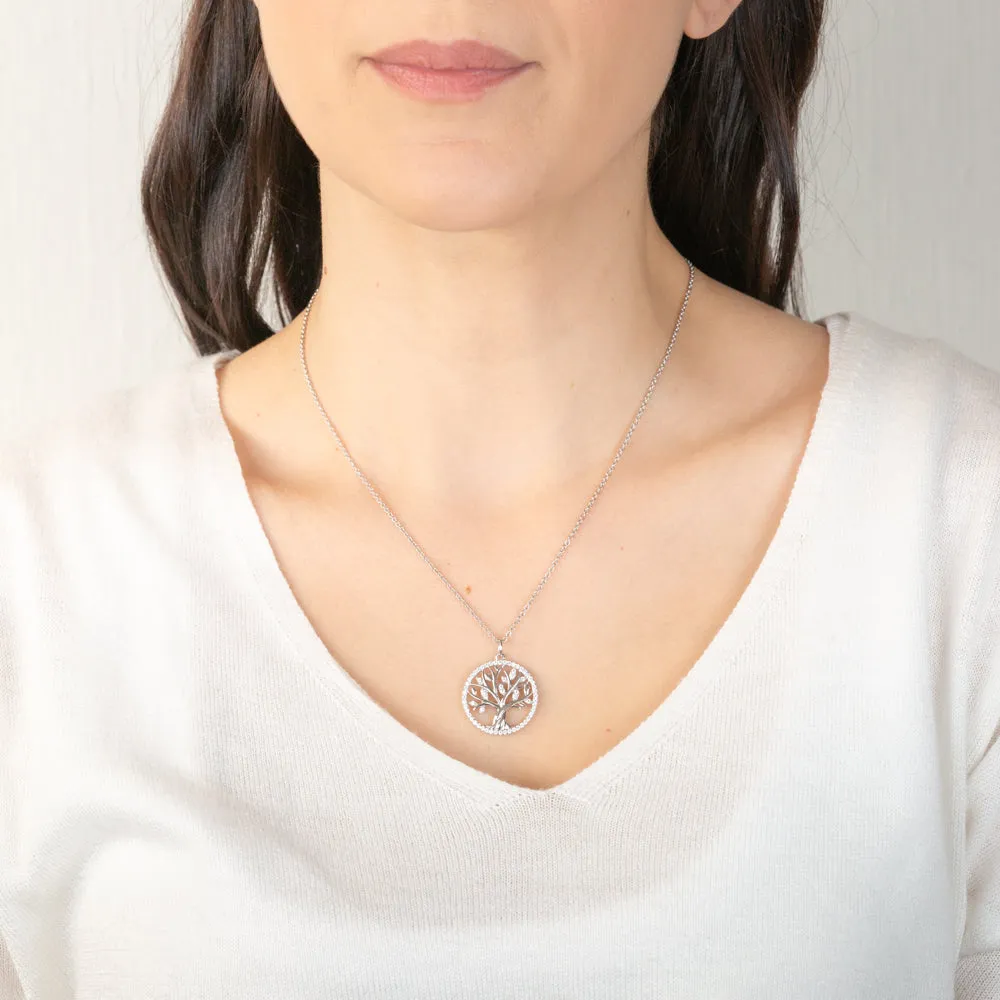 Sterling Silver Rhodium Plated Tree Of Life Cubic Zirconia Pendant With 45cm Chain Shiels
