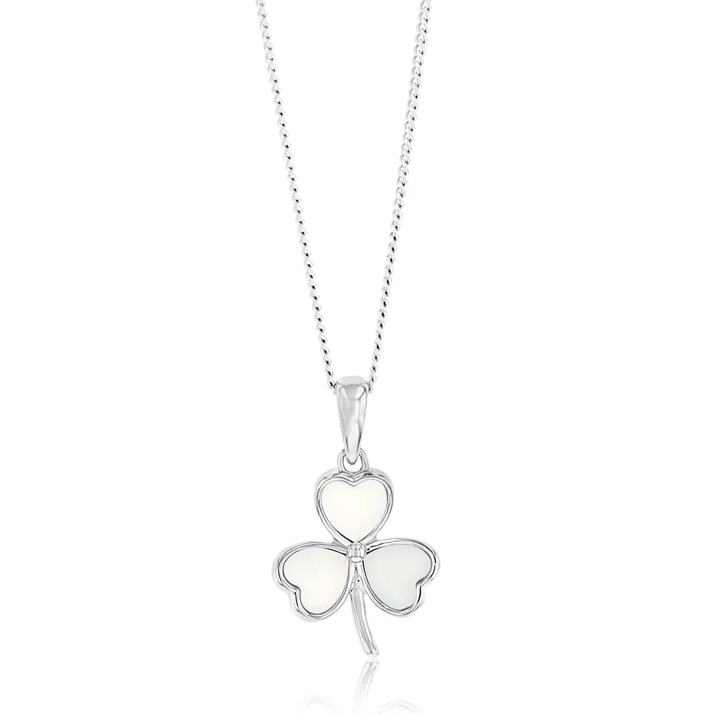 Sterling Silver Rhodium Plated White Shell Pearl Three Leaf Clover Pendant Shiels