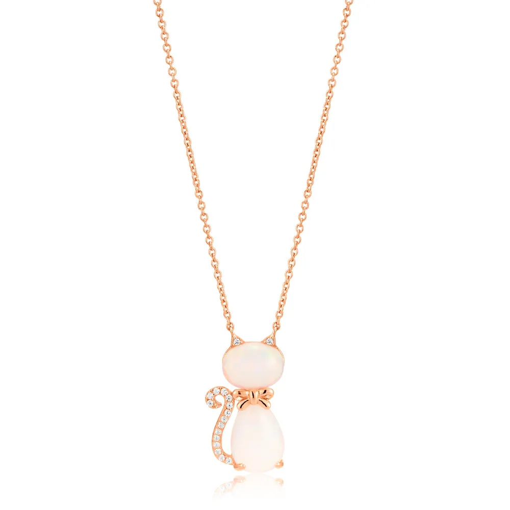 Sterling Silver Rose Gold Plate Created Opal & Zirconia Cat Pendant with 42 3cm Chain Shiels