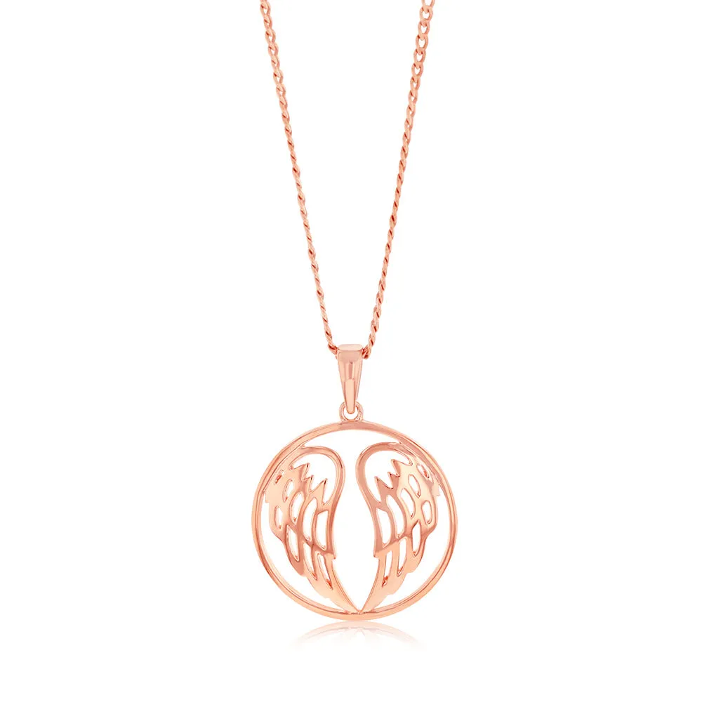 Sterling Silver Rose Gold Plated Angel Wings Round Pendant Shiels