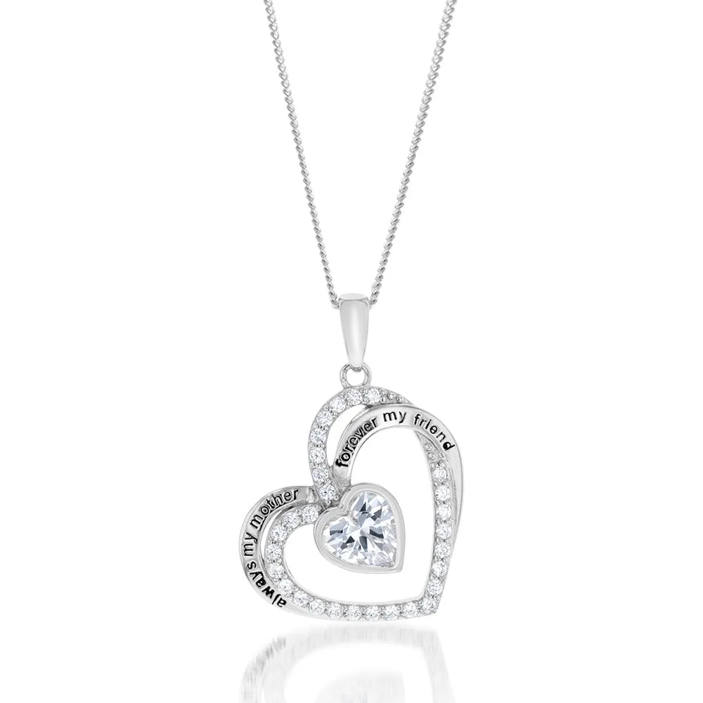 Sterling Silver White Cubic Zirconia And Inscription On Double Heart Pendant Shiels