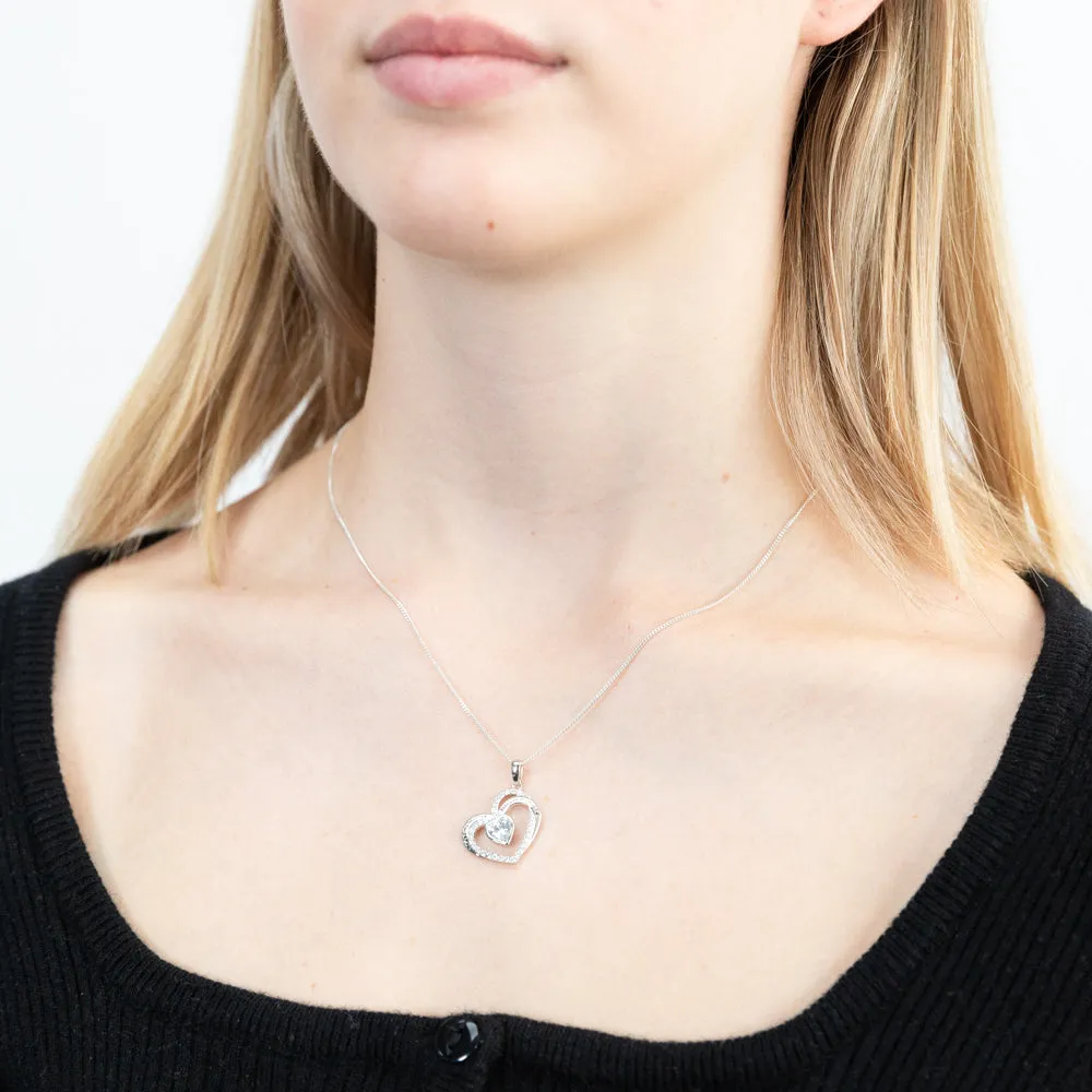 Sterling Silver White Cubic Zirconia And Inscription On Double Heart Pendant Shiels