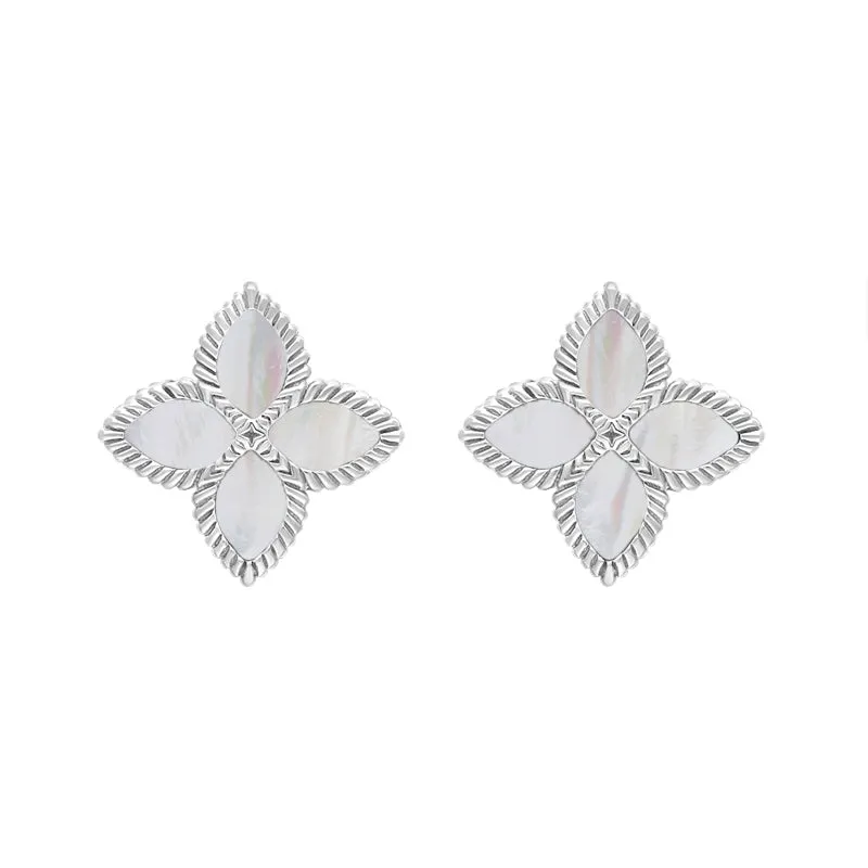 Sterling Silver White Mother of Pearl Eden Marquise Flower Stud Earrings