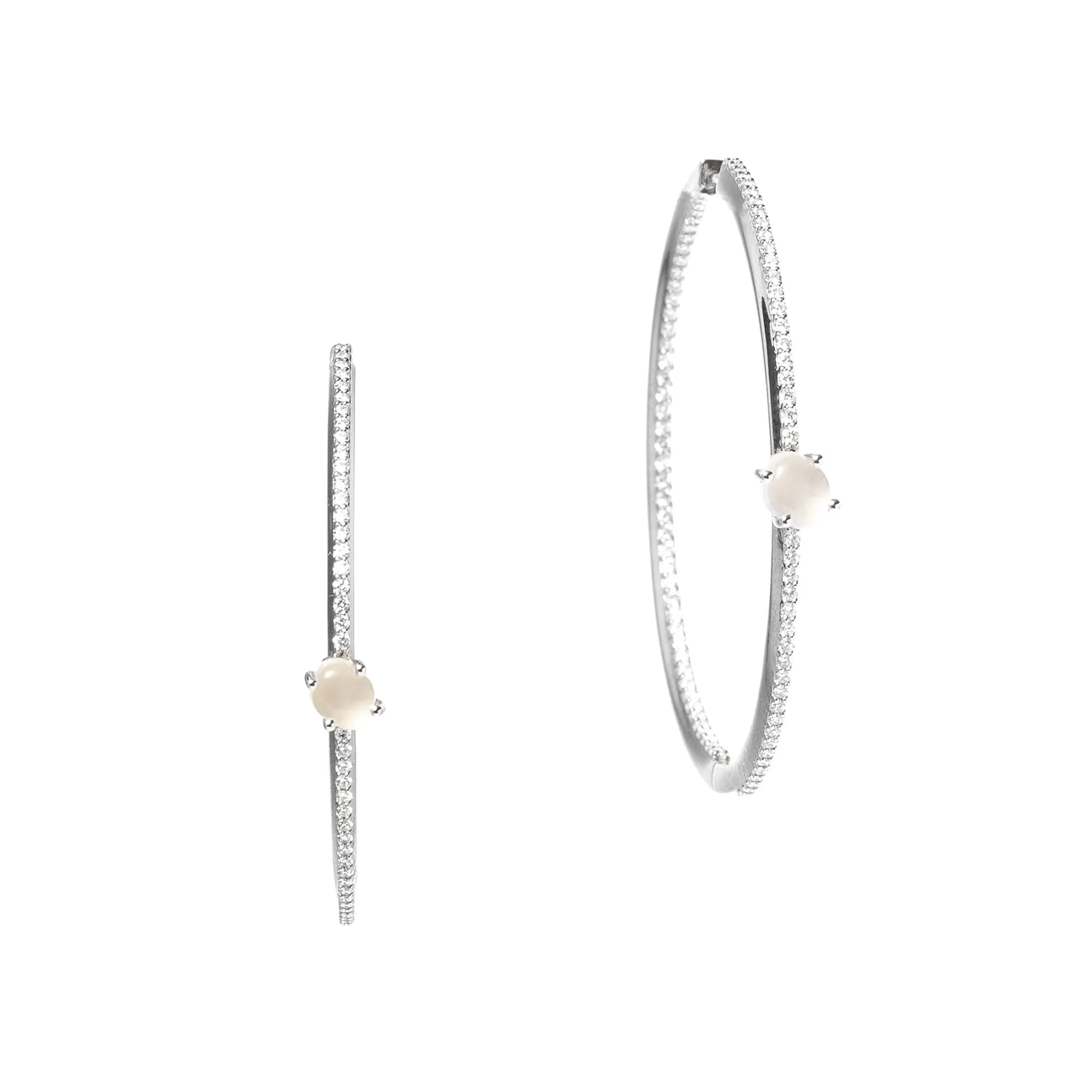 Tiny Cloud 18K Whitegold Hoops w. Milky Quartz & Diamonds
