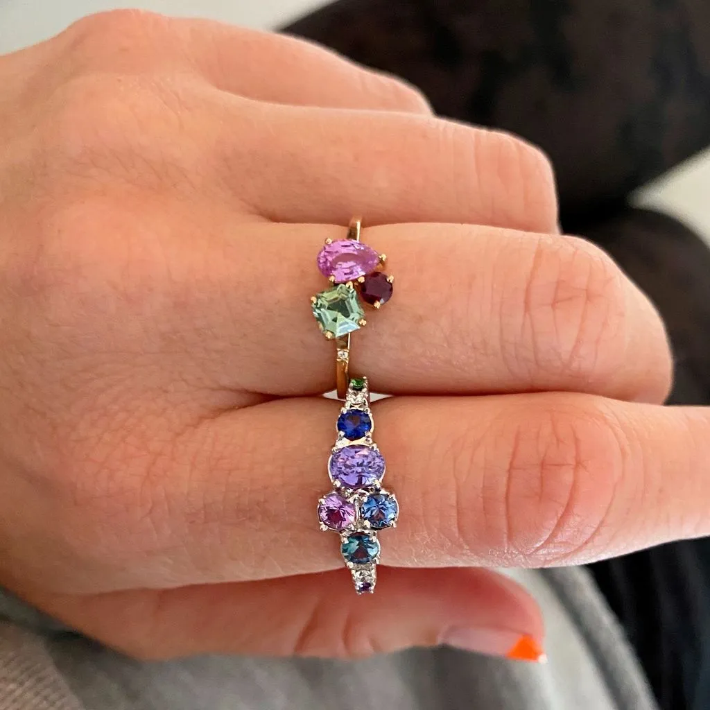 Varnaya Vatina 18K Gold Ring w. Sapphires, Amethyst, Tsavorite & Diamonds
