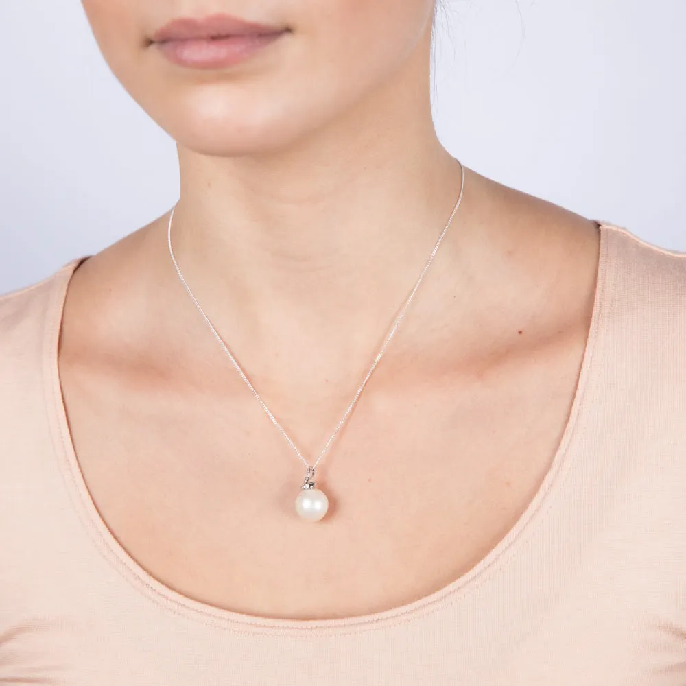 White South Sea Pearl & Diamond Pendant on 45cm Sterling Silver Chain Shiels