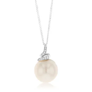 White South Sea Pearl & Diamond Pendant on 45cm Sterling Silver Chain Shiels